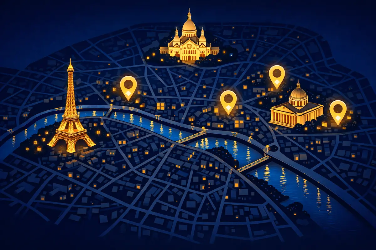 Carte stylisée de Paris vue de haut à la tombée de la nuit, localisant les rooftops mentionnés (Marais, Saint-Germain, Tour Eiffel) avec une distinction visuelle entre les pièges à touristes et les valeurs sûres. rooftop Paris