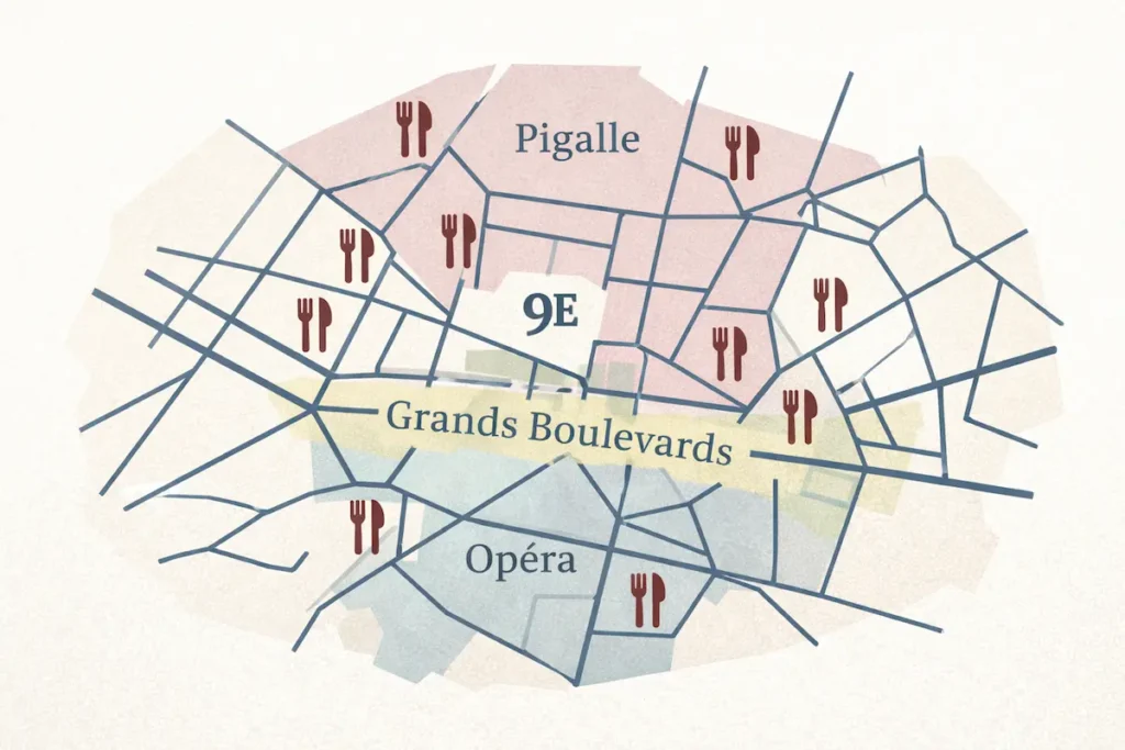 Carte illustrée du 9ème arrondissement de Paris situant les zones Pigalle, Opéra et les grands boulevards.
