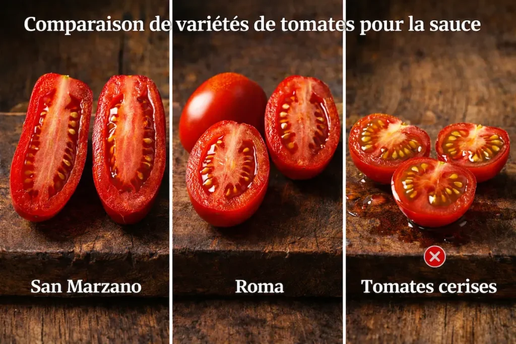 Comparaison visuelle entre une tomate San Marzano (allongée), une Roma (charnue) et une tomate cerise (aqueuse).