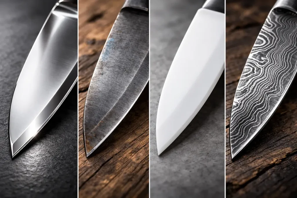 Infographie divisée en quatre parties montrant les textures de l'acier inoxydable, l'acier carbone patiné, la céramique blanche et l'acier Damas. Couteaux de Cuisine