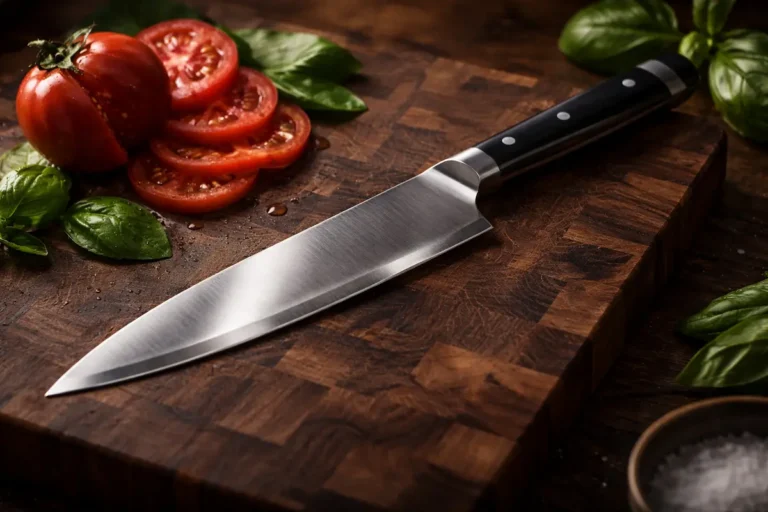 Couteaux de cuisine professionnel posé sur une planche en bois massif avec des légumes fraîchement coupés, lumière latérale mettant en valeur le tranchant.