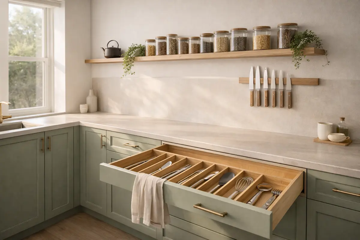Cuisine lumineuse style Japandi avec un plan de travail en pierre totalement dégagé, des étagères flottantes en bois avec bocaux alignés, et un tiroir entrouvert révélant des séparateurs en bambou parfaitement organisés.