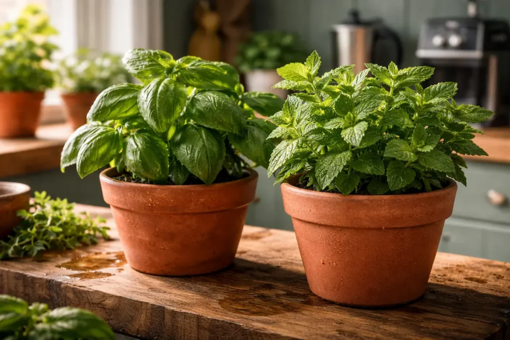 Plan de travail en bois clair baigné de lumière naturelle, accueillant des pots en terre cuite de basilic frais et de menthe, avec une fenêtre en arrière-plan. Plante dans la Cuisine