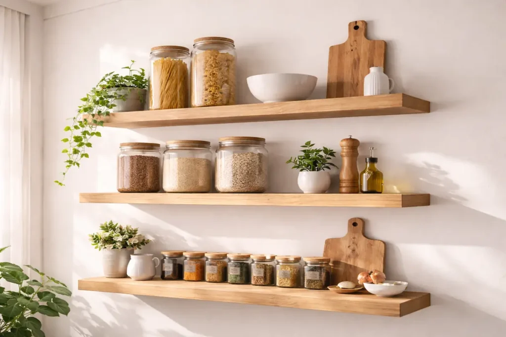 Vue lumineuse d'une cuisine moderne montrant des étagères murales en bois clair où sont alignés harmonieusement des bocaux en verre et une petite plante verte.