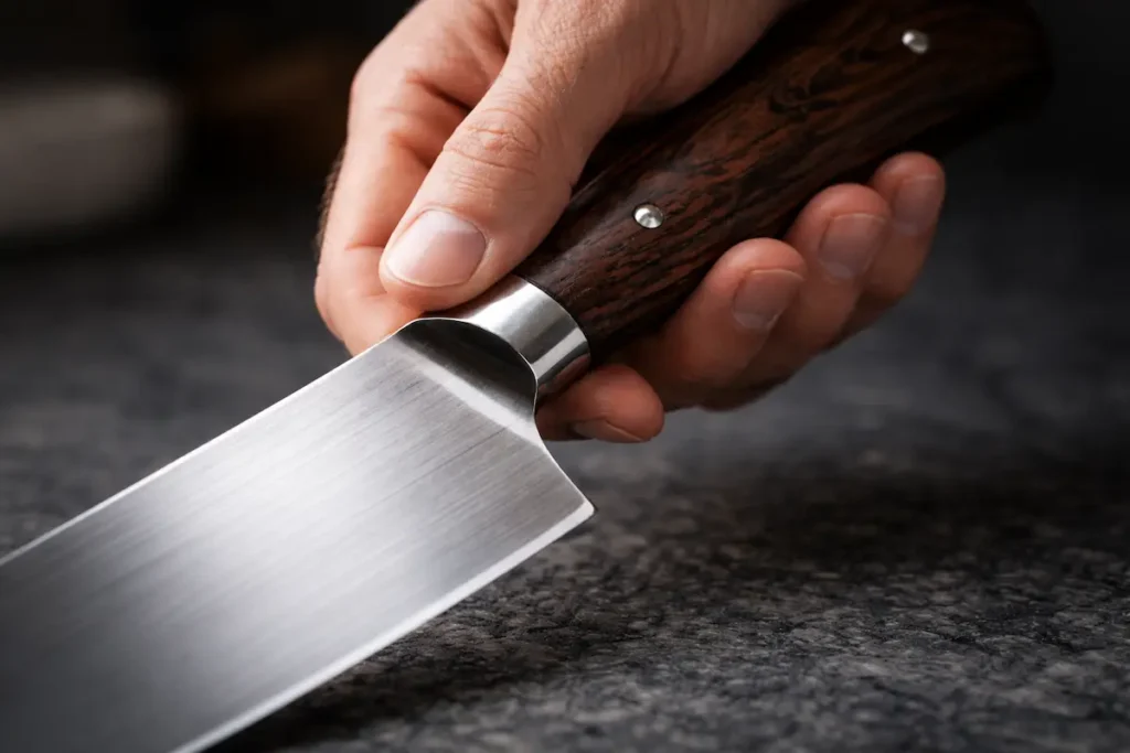 Gros plan sur une main saisissant un couteau de chef à l'équilibre parfait sur un plan de travail minimaliste. ustensiles de cuisine design