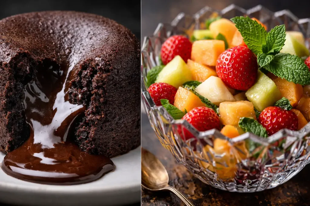 Gros plan macro sur un fondant au chocolat ouvert laissant couler son cœur, à côté d'une coupe de fruits frais colorés.