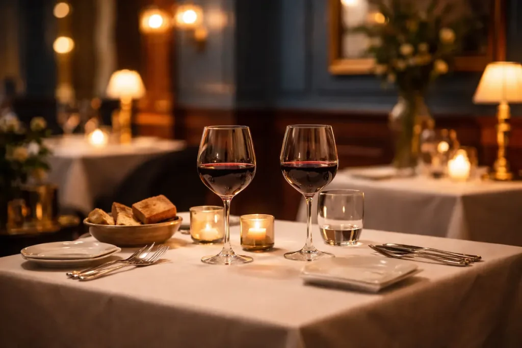 Intérieur de restaurant intimiste le soir, table dressée pour deux avec verres à vin, bougies et éclairage tamisé chaleureux.