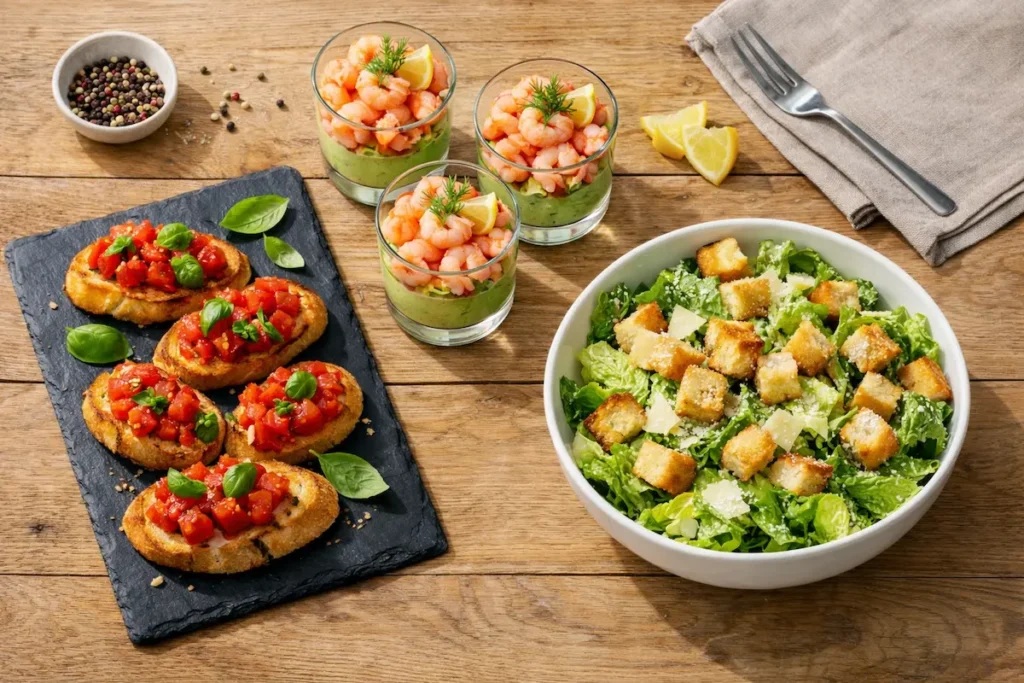 Vue de dessus sur une table en bois clair présentant trois entrées : bruschettas à la tomate fraîche, verrines d'avocat aux crevettes et une salade césar colorée.