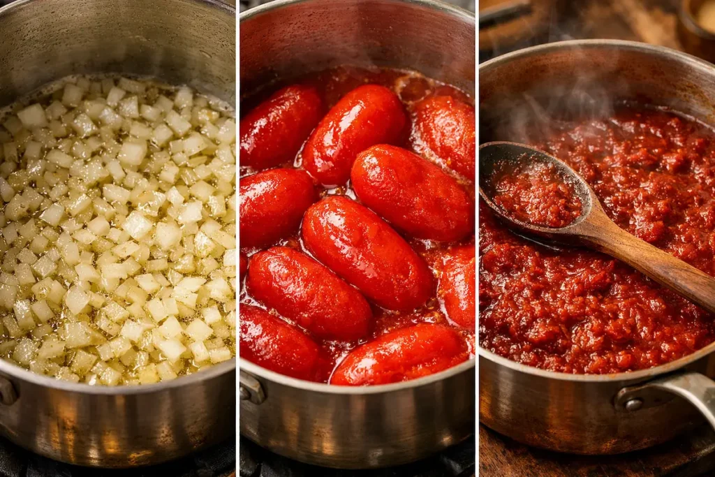 Triptyque photographique montrant l'évolution de la sauce tomate : oignons translucides, ajout des tomates, sauce réduite et épaisse.