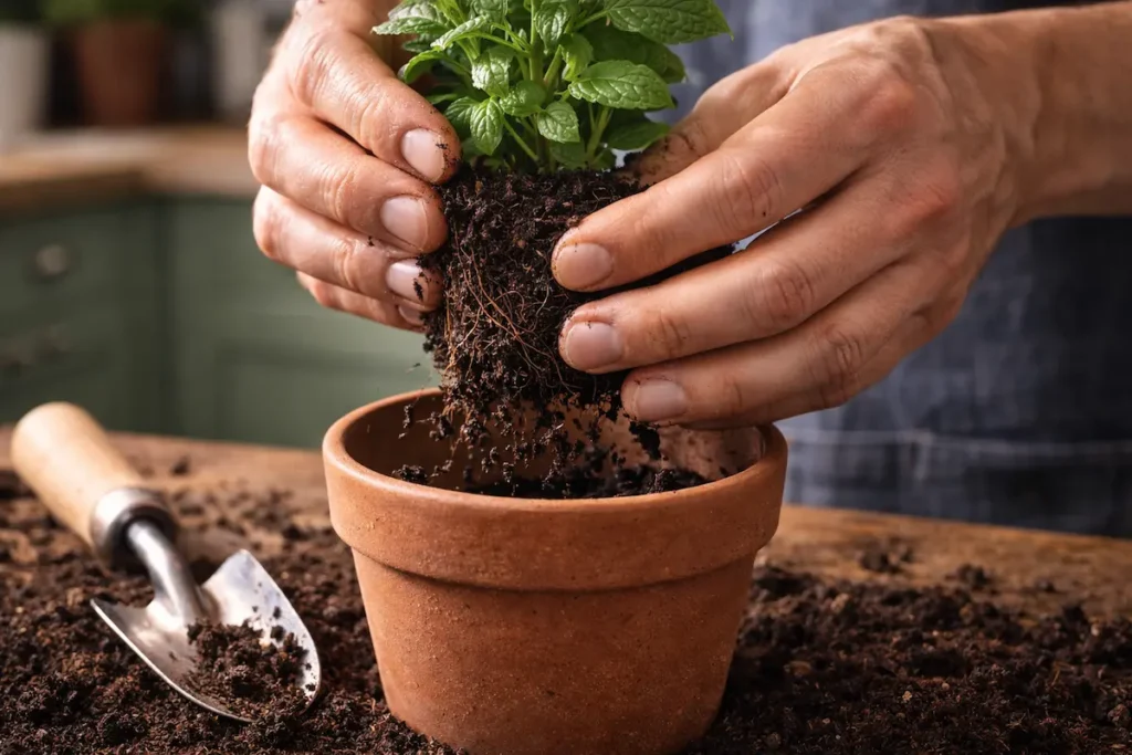 Gros plan sur des mains jardinant sur une table de cuisine : ajout de terreau frais dans un pot en céramique.