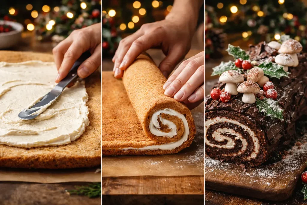 Triptyque montrant trois étapes de la bûche de Noël : étalage de la crème, roulage du biscuit, et décoration finale avec copeaux de chocolat.