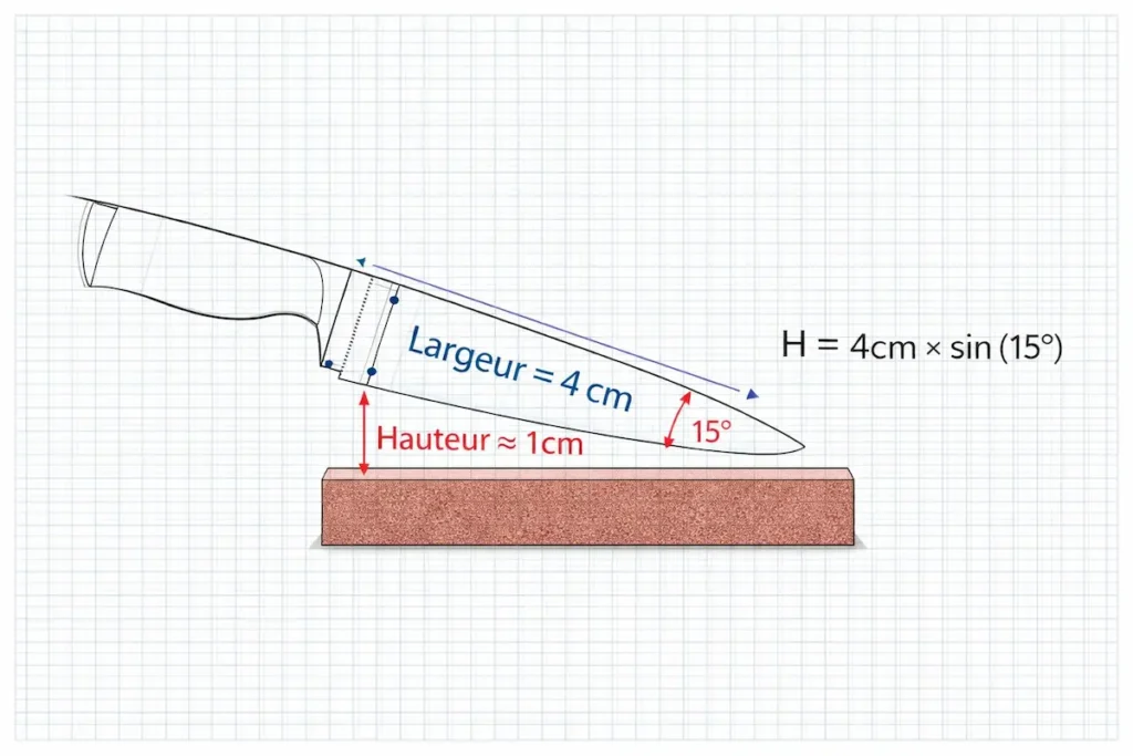 Schéma technique montrant comment calculer la hauteur à soulever (H) en fonction de la largeur de lame (L) et de l'angle (A) : H = L x Sin(A).
