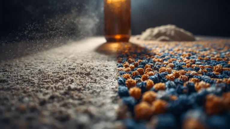 Gros plan artistique sur la texture d'un tapis de laine où la poussière s'évapore pour laisser place à des couleurs vives, avec des outils naturels en arrière-plan.