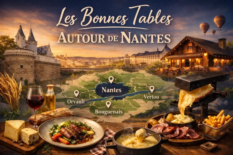 Montage visuel mêlant plats gastronomiques, raclette savoyarde, carte de la métropole nantaise et vue du Château des Ducs de Bretagne au coucher du soleil restaurant près de nantes