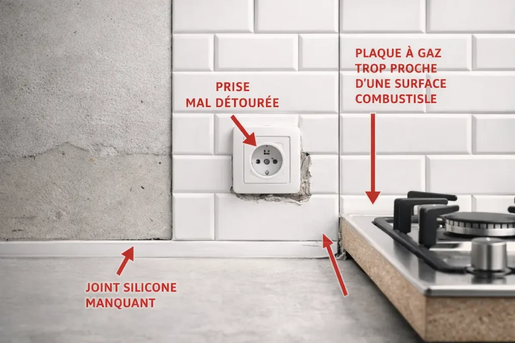 Illustration pédagogique montrant les points de vigilance : joints silicone, prises électriques et distances de sécurité avec les plaques.