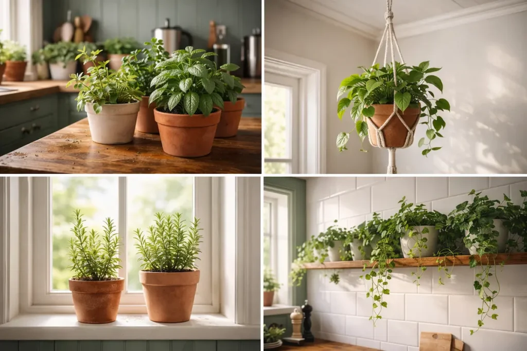 Collage de quatre zones de la cuisine végétalisées : herbes sur le plan de travail, pothos suspendu, rebord de fenêtre ensoleillé et étagère haute.