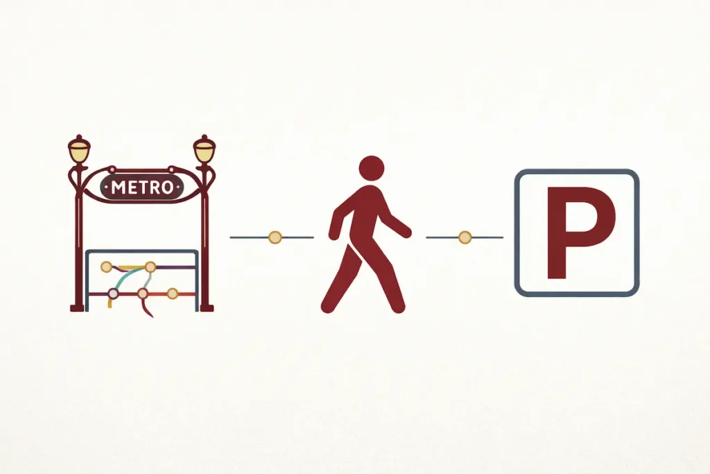 Illustration graphique des moyens de transport vers le 9ème : icônes métro, marche à pied et parking sur fond clair.