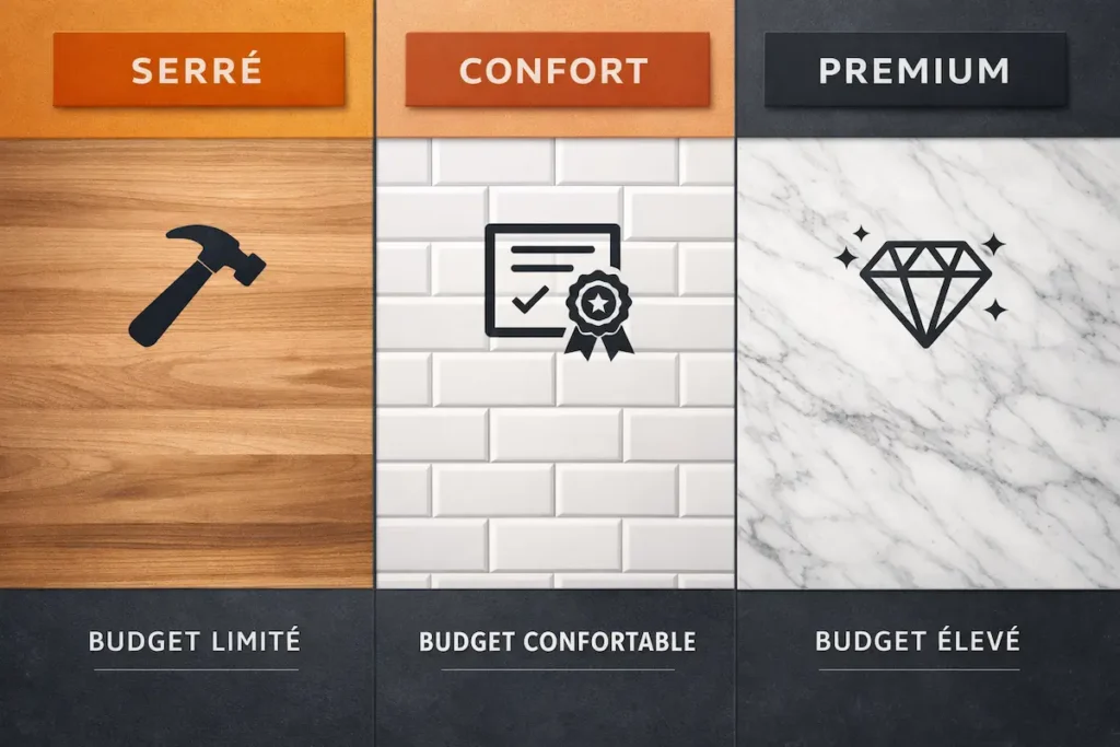 Schéma comparatif de trois enveloppes budgétaires : 500€ (DIY/Stratifié), 1500€ (Artisan/Carrelage), 3000€+ (Haut de gamme/Pierre).Crédence cuisine