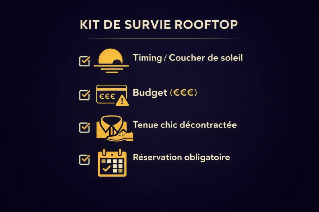 Infographie minimaliste listant 4 points clés : Heure coucher soleil, Budget moyen, Tenue correcte exigée, et Réservation.