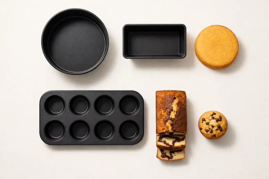 Présentation visuelle côte à côte d'un moule à manqué rond, d'un moule à cake rectangulaire et d'une plaque à muffins en métal antiadhésif.