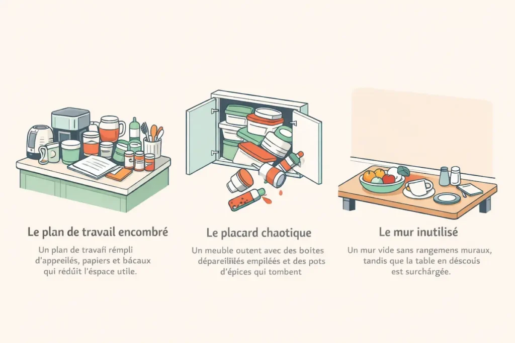 Illustration divisée en trois zones montrant un plan de travail saturé d'objets, un placard en désordre type 'fourre-tout' et un mur vide inexploité. rangement cuisine