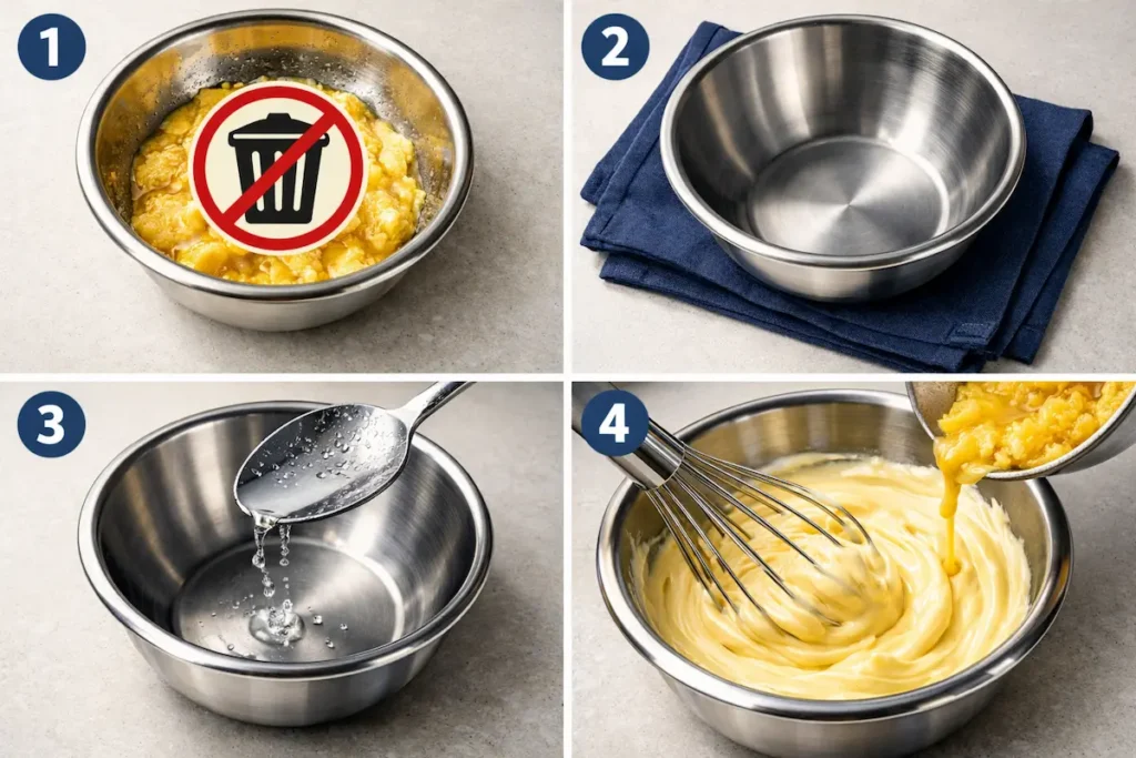 Schéma visuel en 4 étapes : 1. Ne pas jeter le mélange, 2. Prendre un bol propre, 3. Ajouter une cuillère d'eau glacée, 4. Réincorporer la sauce ratée en filet mince.