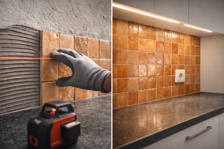 Gros plan artistique d'une main d'artisan ajustant un carreau de crédence sur un mur parfaitement préparé, avec un contraste entre le matériau brut et le rendu fini.