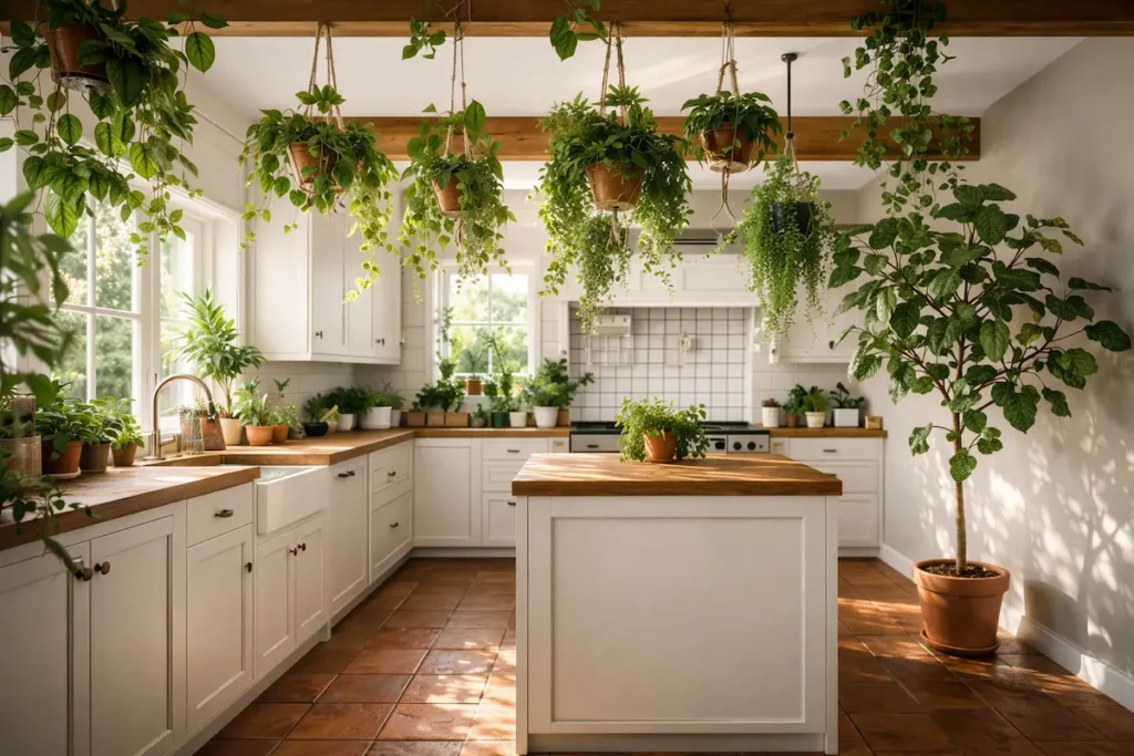 Cuisine moderne blanche contrastée par de grandes plantes vertes luxuriantes (Monstera, Fougère) créant une ambiance oasis.