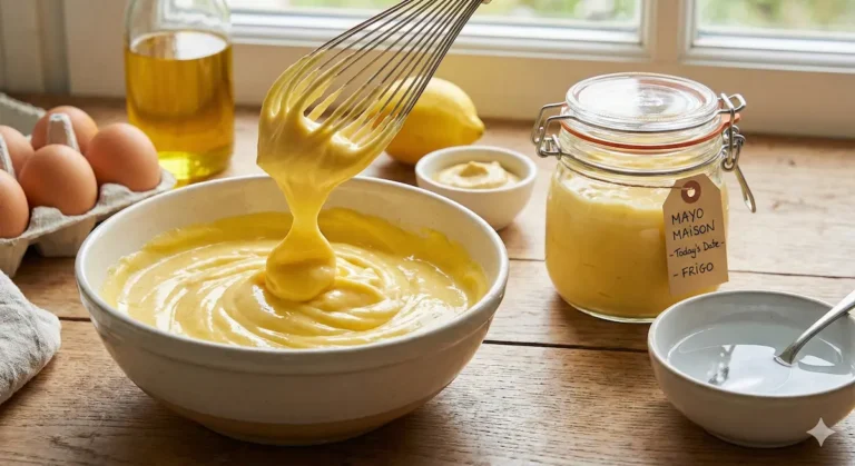 Fouet soulevant une mayonnaise maison jaune pâle à la texture ferme et soyeuse formant un bec. En arrière-plan : œufs frais, huile, citron et un bocal en verre hermétique étiqueté pour la conservation.
