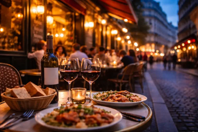 Façade de bistrot parisien animé le soir dans le 9ème arrondissement, clients en terrasse, ambiance chaleureuse et gastronomique.Restaurant Paris 9