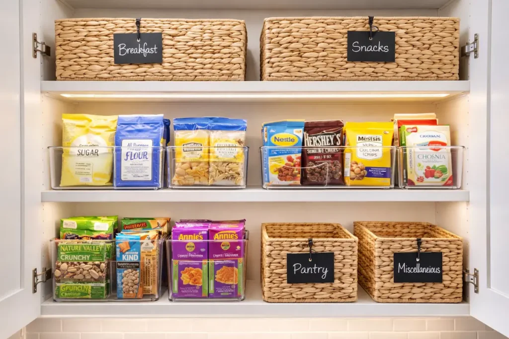 Gros plan sur l'intérieur d'un placard de cuisine ouvert, montrant des paniers de rangement tressés et des bacs transparents parfaitement alignés.