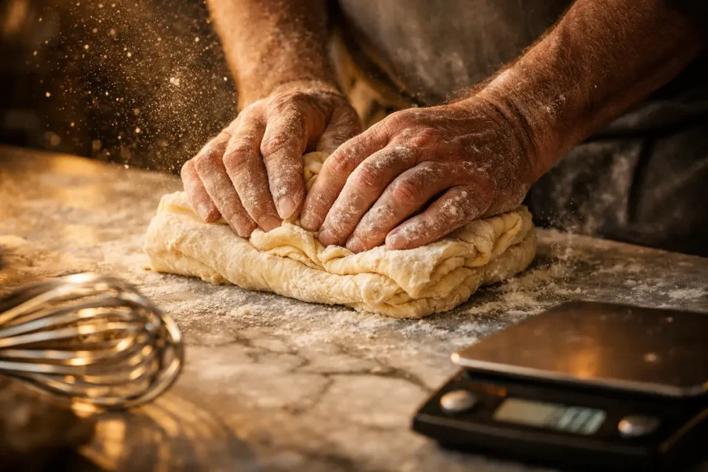 Gros plan sur les mains d'un pâtissier utilisant un rouleau en bois sur un plan de travail fariné, lumière naturelle latérale. ustensiles du patissier