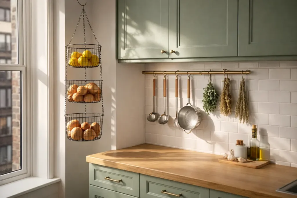 Petite cuisine chaleureuse utilisant la hauteur sous plafond avec des paniers suspendus pour les fruits et une barre de crédence pour les ustensiles.