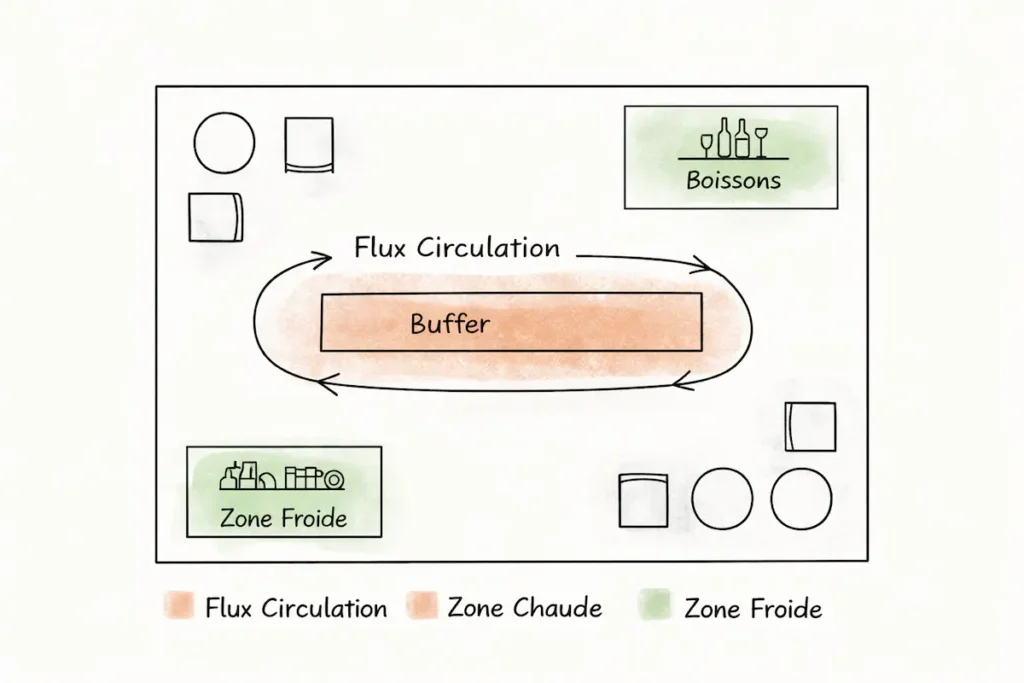 Schéma vue de dessus montrant la circulation autour du buffet : zone froide à gauche, chaude à droite, boissons séparées, zones assises dispersées.