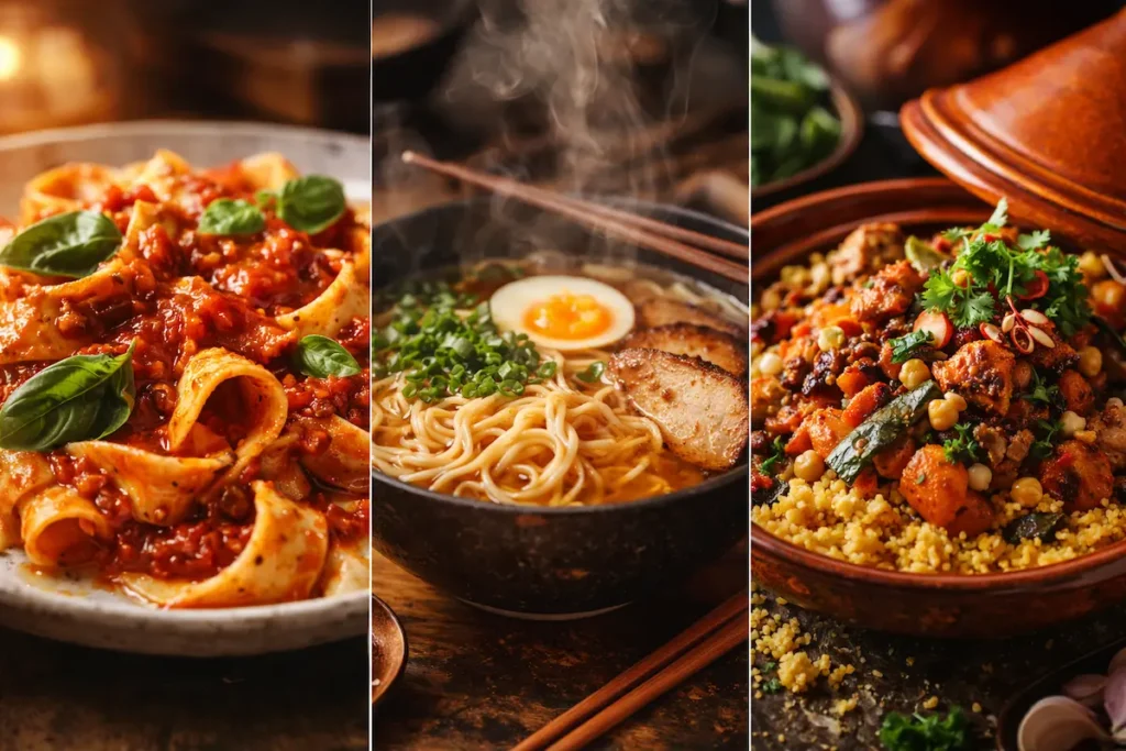Composition culinaire montrant des pâtes fraîches italiennes, un bouillon asiatique fumant et un plat épicé africain sur des tables en bois.