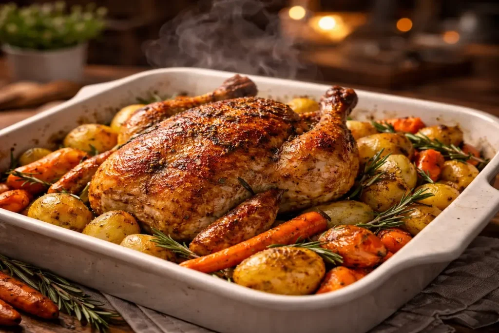 Poulet rôti doré sortant du four entouré de légumes racines, posé sur une nappe familiale, vapeur chaude visible.