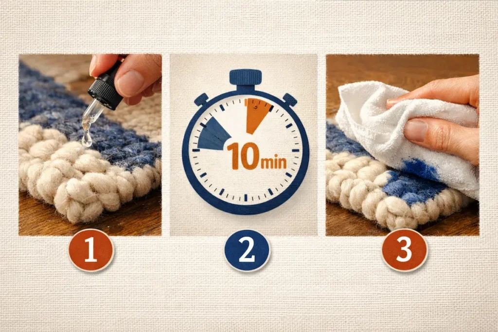 Infographie en trois étapes montrant l'application d'un produit sur une zone cachée, l'attente de 10 minutes et le test du transfert de couleur avec un chiffon blanc. nettoyage tapis