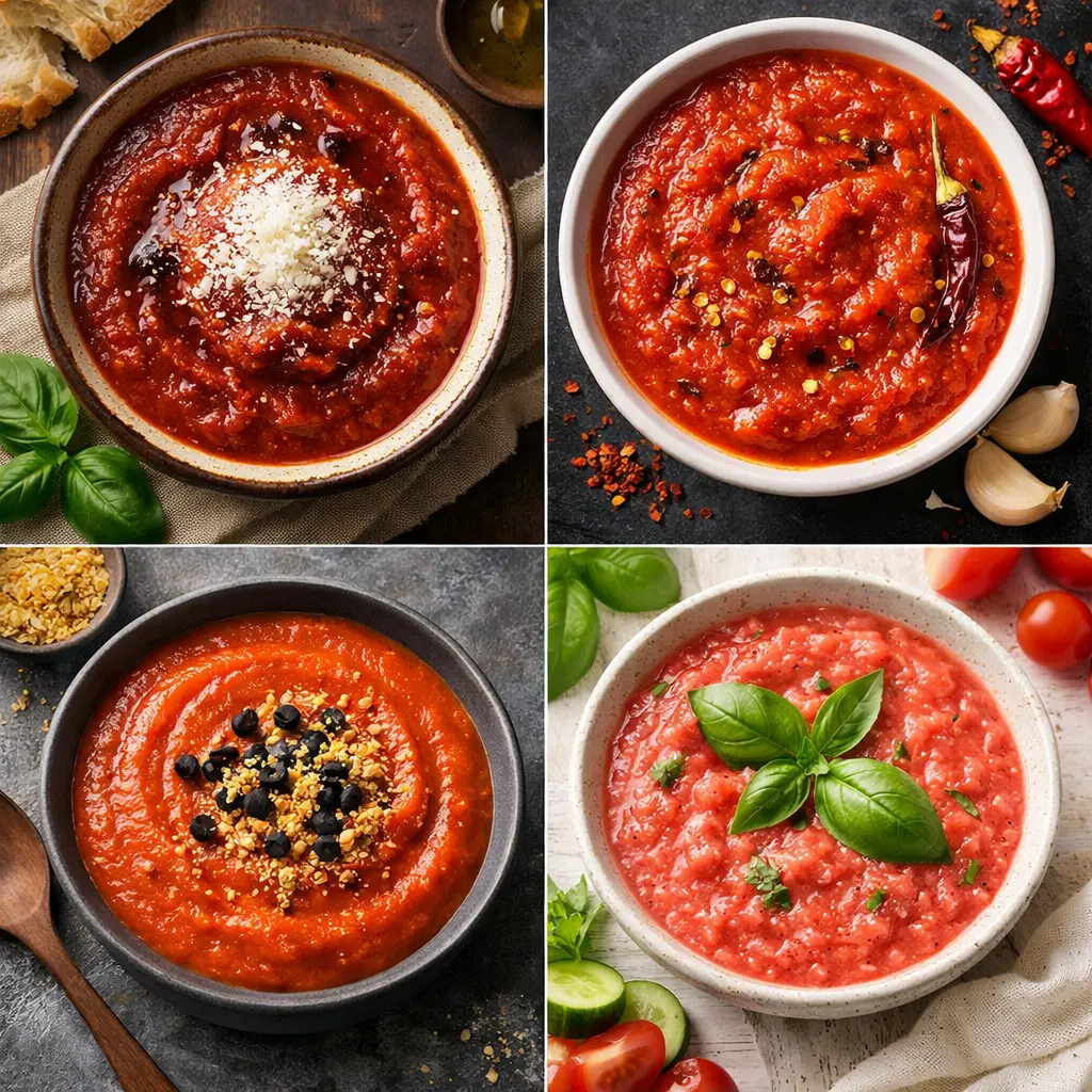 Quatre bols de sauce tomate vus de dessus : version Italienne, Arrabiata, Vegan et Crue.