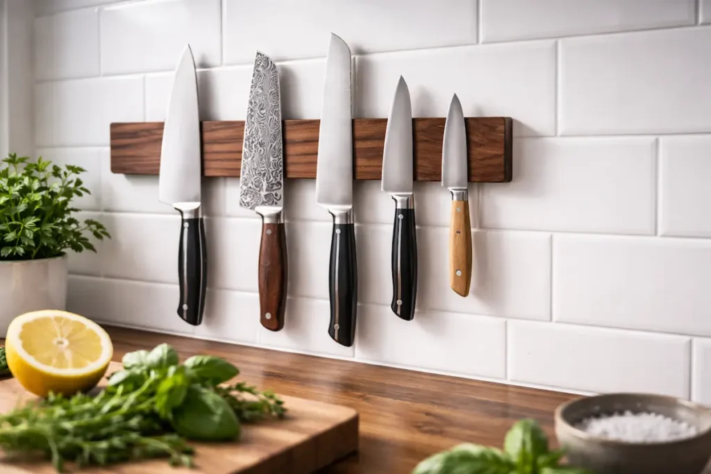 Cuisine moderne avec une barre magnétique en bois au mur, supportant cinq couteaux de haute qualité parfaitement alignés.