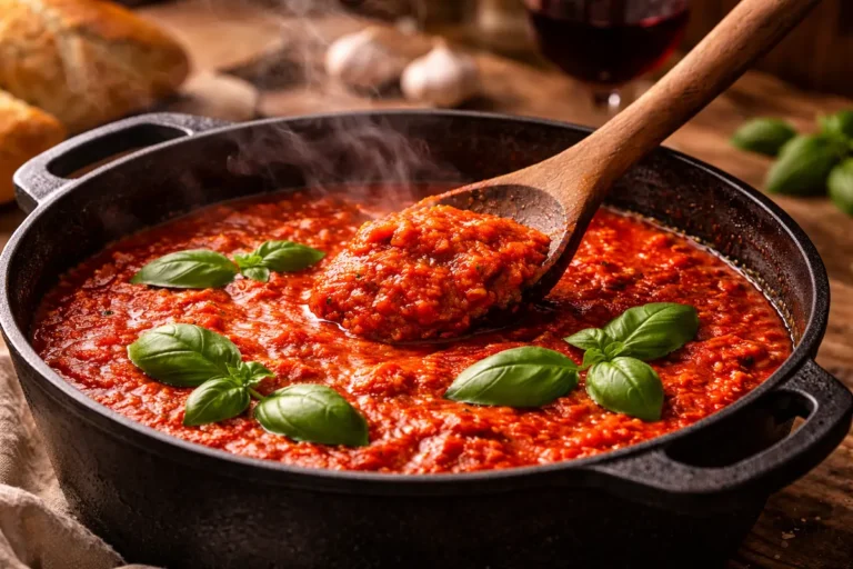 Casserole en fonte remplie de sauce tomate maison fumante avec basilic frais et pain de campagne sur une table en bois.