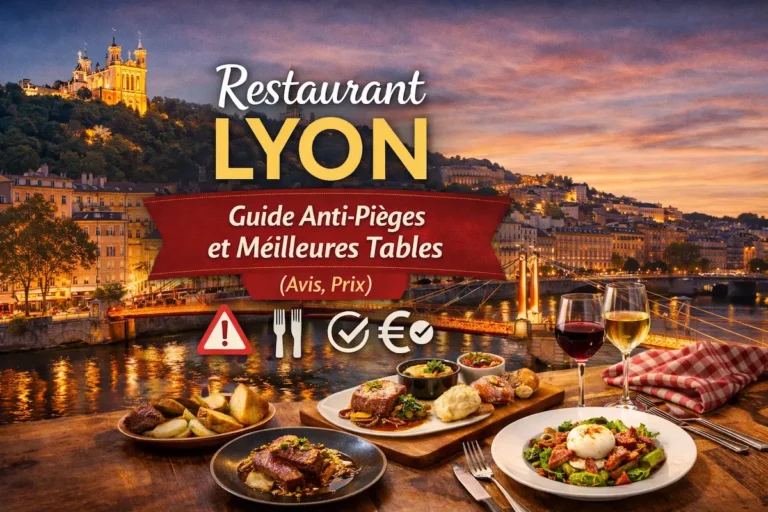 Plats typiques lyonnais et verres de vin en terrasse avec vue sur la basilique de Fourvière et la passerelle Saint-Georges au coucher du soleil à Lyon