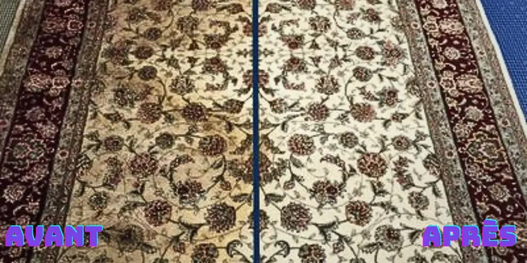 Diptyque comparatif : à gauche, un tapis terne avec des auréoles après passage d'une shampouineuse ; à droite, le même tapis aux couleurs vibrantes et motifs précis après restauration en atelier.