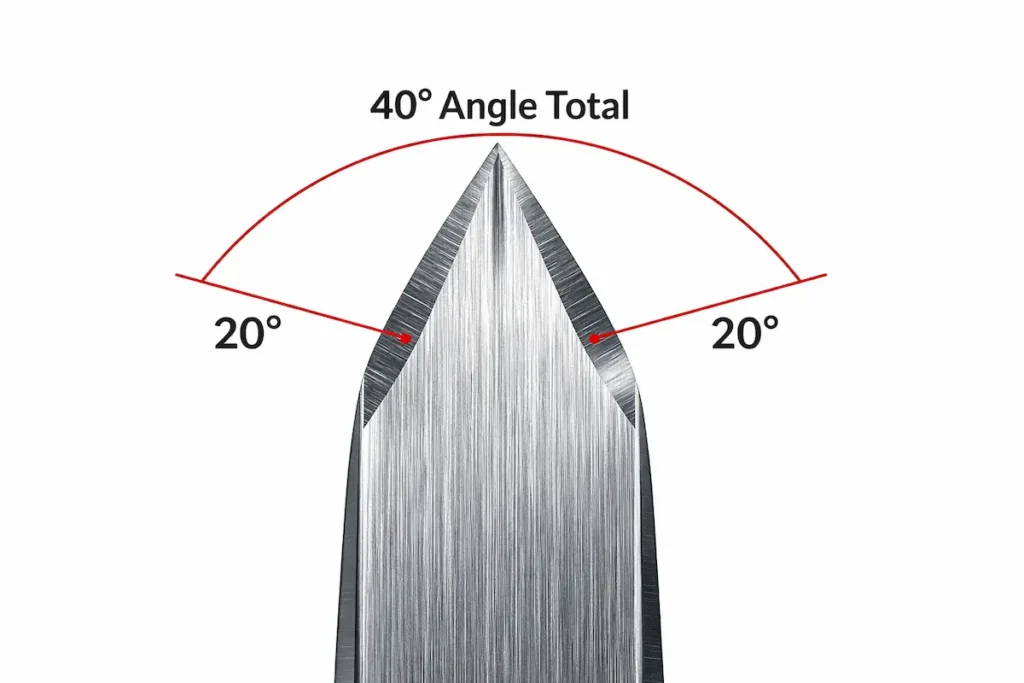 Schéma différence angle affûtage par face et angle total cumulé Angle d'Affûtage Couteau