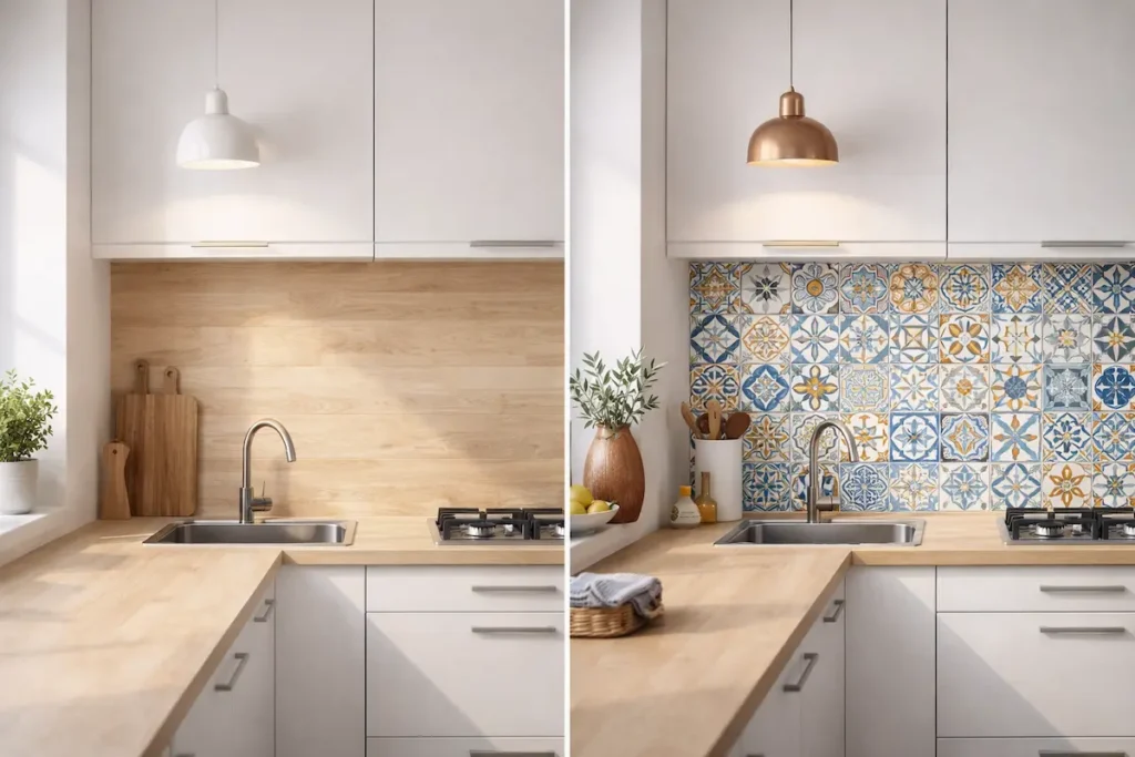 Comparaison visuelle "Avant/Après" ou "Style A/Style B" sur une même base de cuisine blanche.