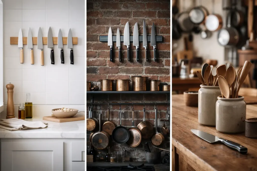 Triptyque montrant des ustensiles intégrés dans trois ambiances : bois clair, métal industriel et cuisine rurale.
