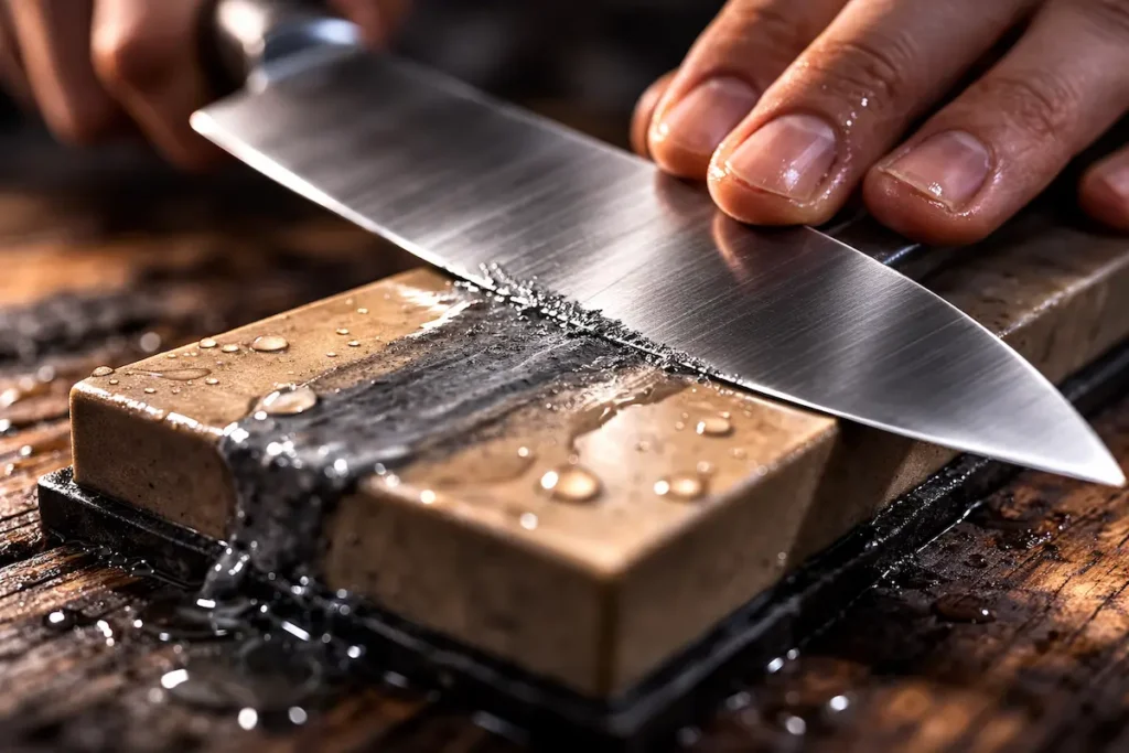 Gros plan sur une lame de chef en cours d'affûtage sur une pierre à eau japonaise, montrant l'angle précis de 15 degrés et la boue d'affûtage.