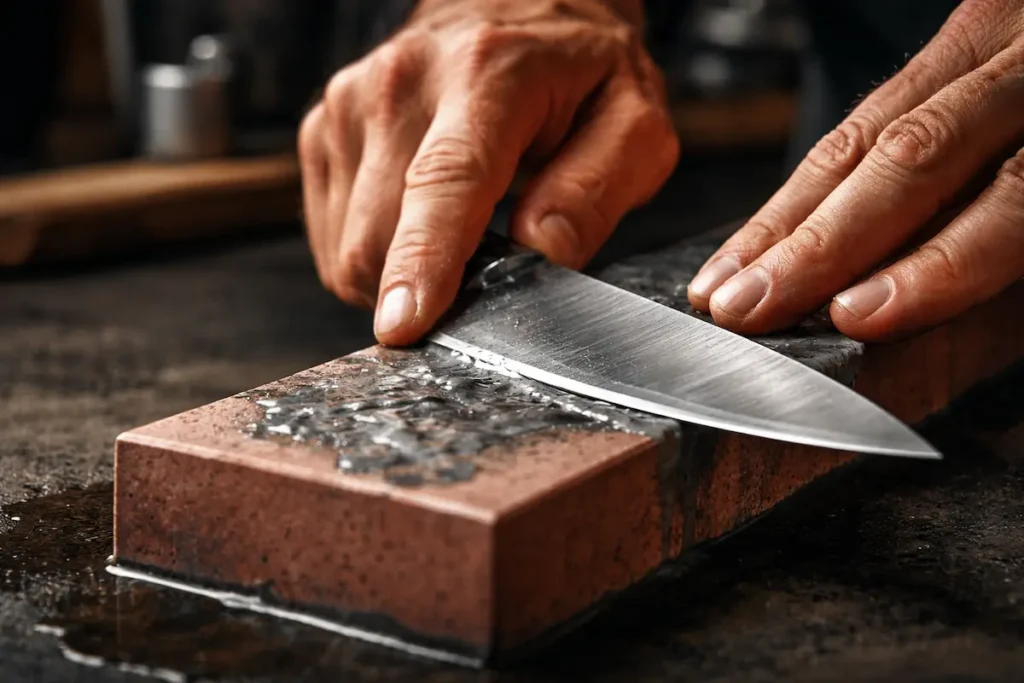 Gros plan cinématique sur les mains d'un artisan affûtant une lame de chef sur une pierre à eau, montrant l'inclinaison précise du fil et la boue abrasive (slurry) en formation.