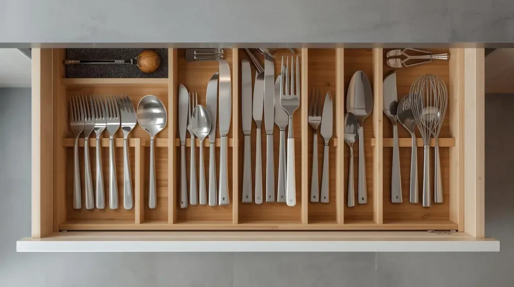 Vue de dessus (flat lay) d'un large tiroir de cuisine ouvert, compartimenté par des séparateurs en bambou, contenant couverts et ustensiles rangés par catégorie.