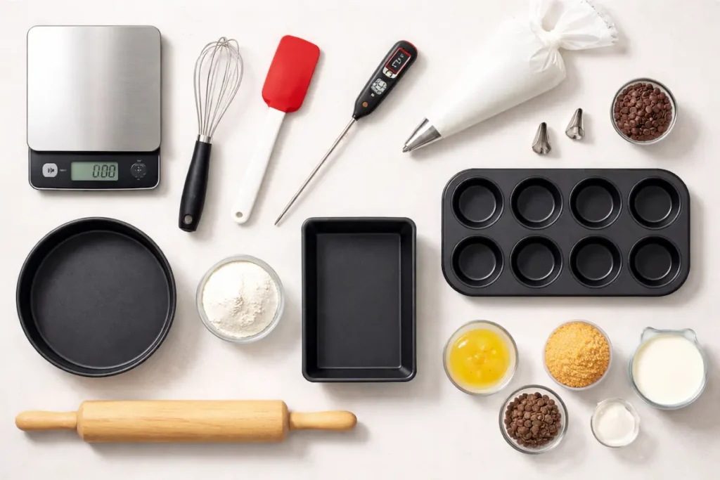 Kit d’ustensiles de pâtisserie : balance de précision, fouet, maryse, thermomètre, rouleau, poche à douille et moules (rond, cake, muffins)