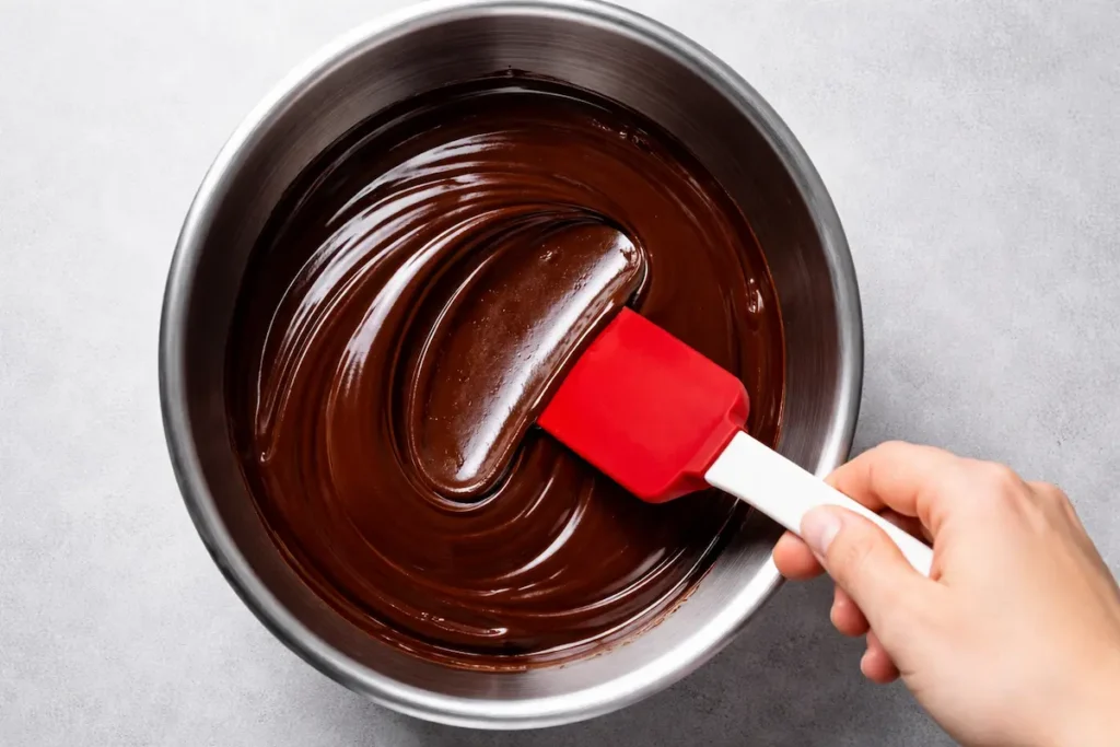 Maryse rouge flexible raclant parfaitement le chocolat fondu dans un cul de poule en inox, ne laissant aucune trace.